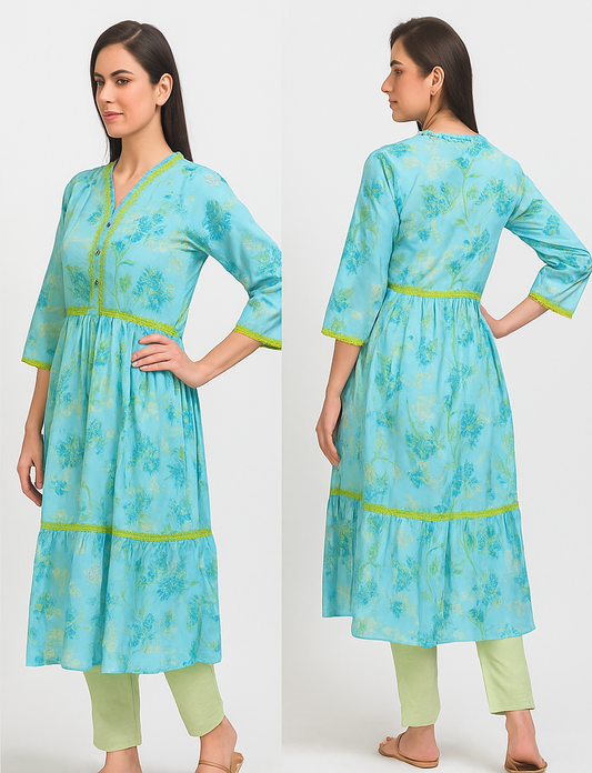 Ideas Sky Bloom Printed Frock & Trouser – Stitched Suit