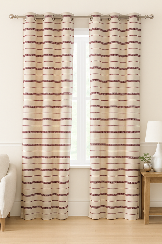Off White with Red Line Pattern Curtain – 8 Rings | Premium cotton BY AKYA