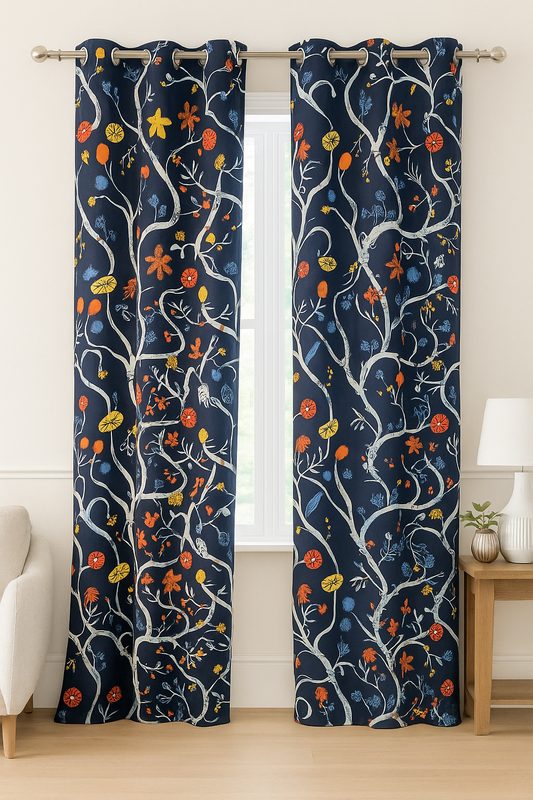 Navy Blue with a vibrant FloralL and Botanical print Curtain – 10 Rings BY Akya