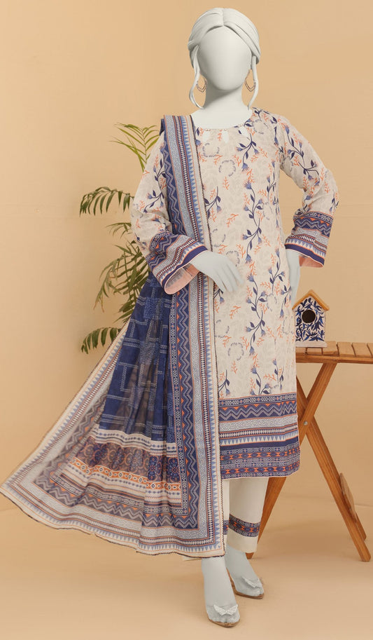 Mannequin wearing a floral dress with blue and purple patterns on a beige background