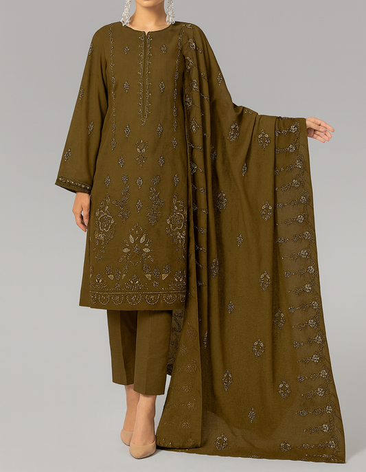 Olive green embroidered traditional outfit with dupatta on a gray background