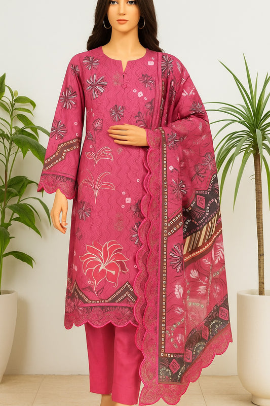 Pink embroidered traditional outfit on a mannequin with a white background