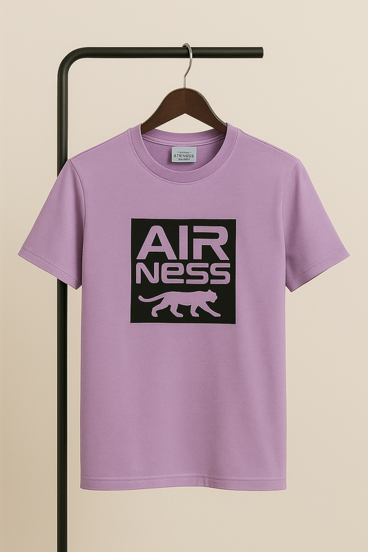 Purple t-shirt with 'AIRNESS' logo on a hanger against a beige background