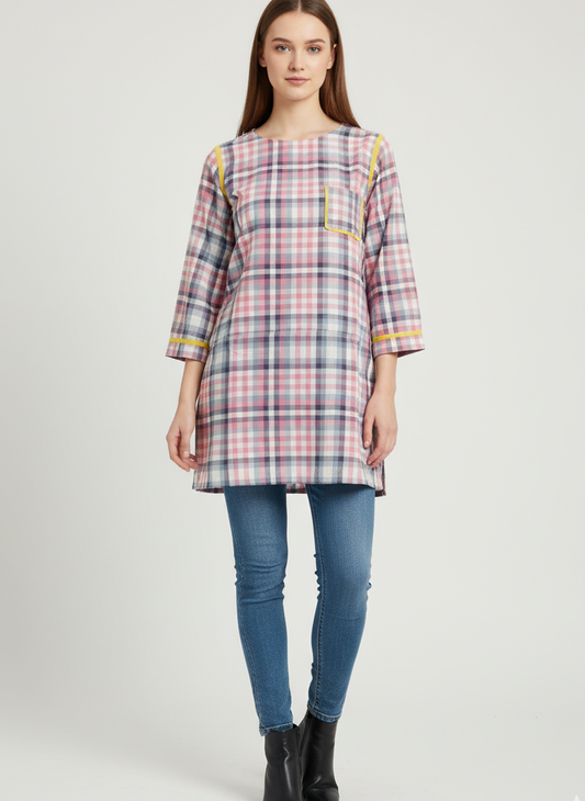 Woman wearing a plaid Shirt with check accents on a white background