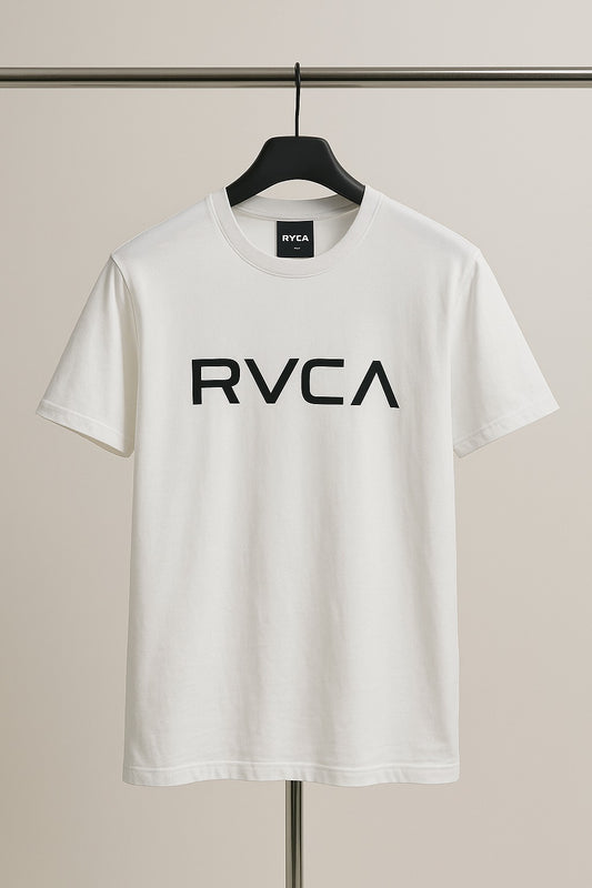 White t-shirt with 'RVCA' logo on a hanger against a neutral background