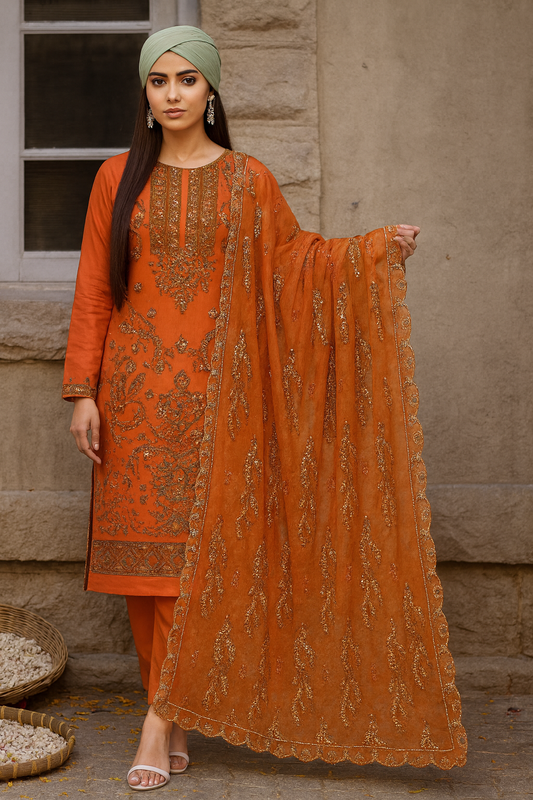 Woman in an orange traditional outfit with a matching dupatta, standing against a stone wall.