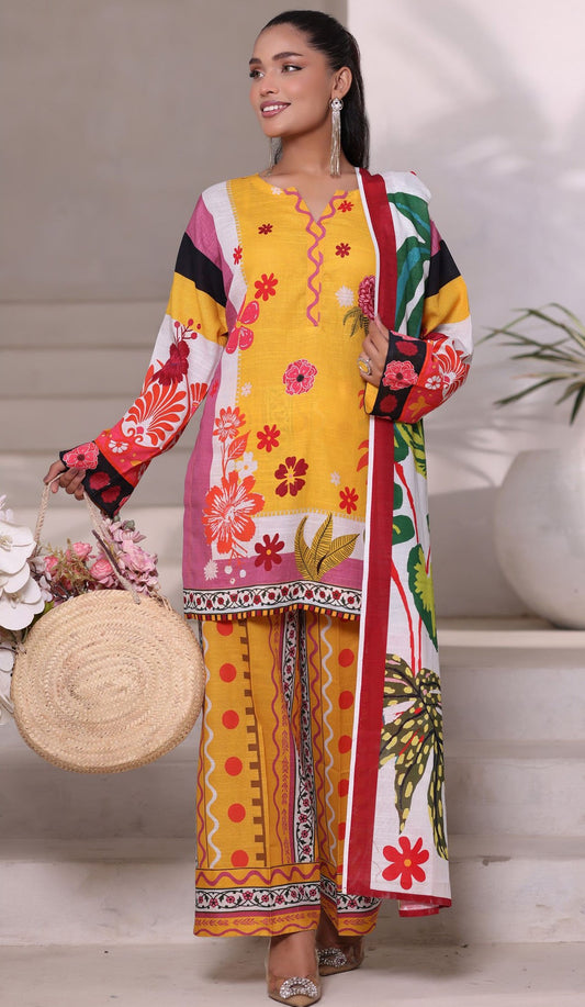Woman wearing a colorful traditional outfit with floral patterns, standing indoors.