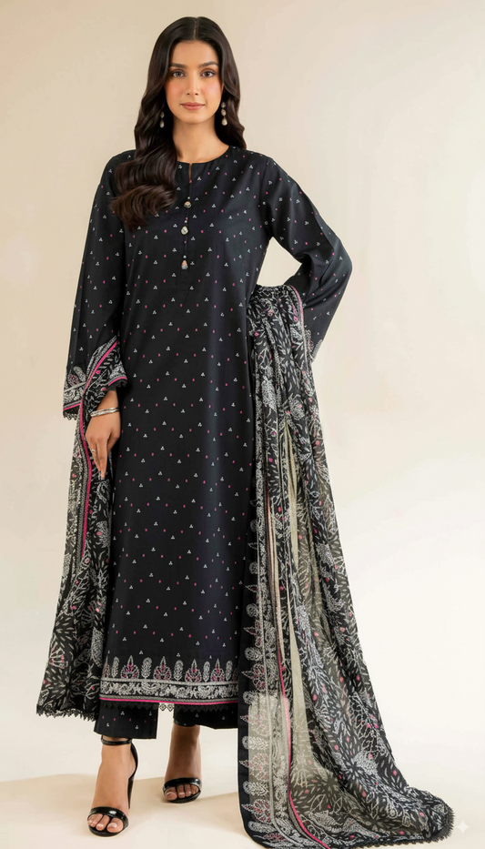 Woman wearing a dark blue printed outfit with a matching dupatta on a white background