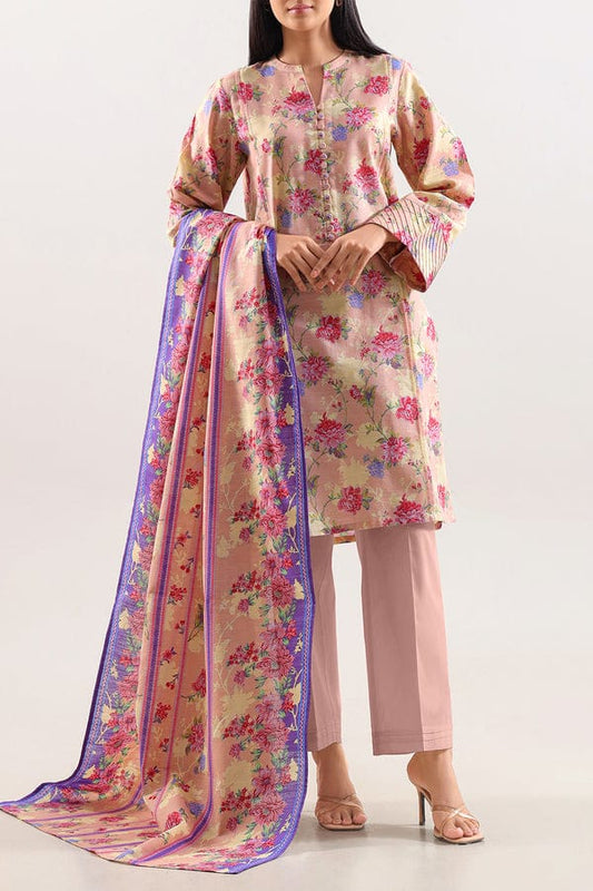 Woman wearing a floral kurta with pants and a matching dupatta on a white background