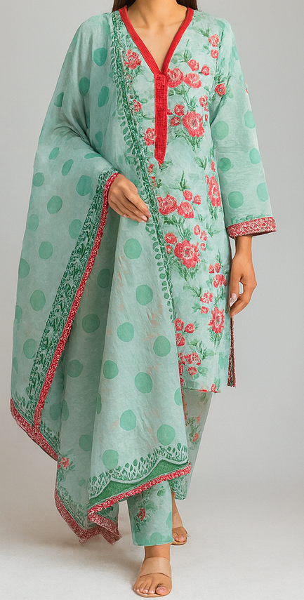 Woman wearing a light green traditional outfit with floral patterns on a plain background