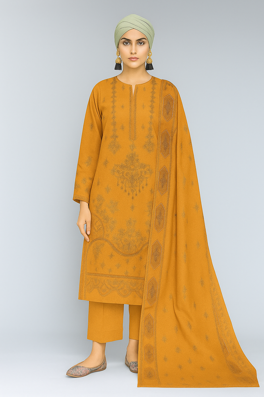 Woman wearing a mustard yellow traditional outfit with a dupatta on a light gray background