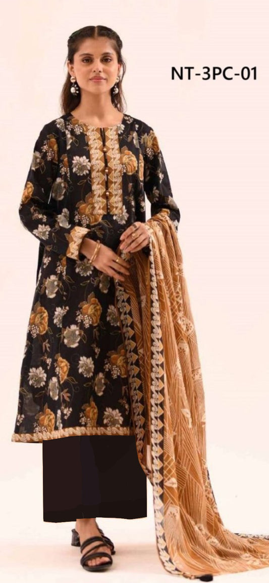 Woman wearing nishat a black floral kurta with a beige dupatta on a white background