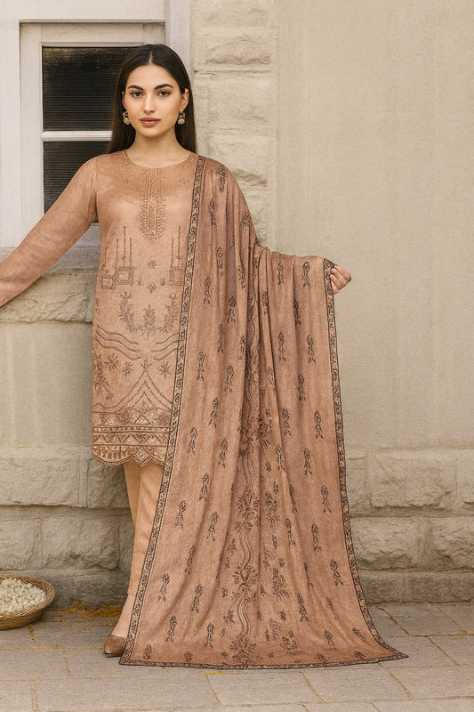 Woman wearing a traditional outfit with a patterned dupatta against a stone wall.
