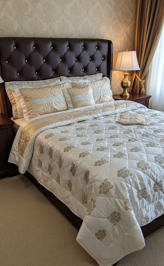 Bedroom with a bed featuring a patterned comforter and pillows, a lamp on a nightstand, and curtains.