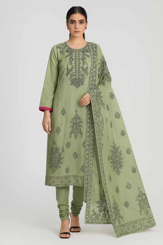 Woman wearing a green embroidered traditional outfit with a white background