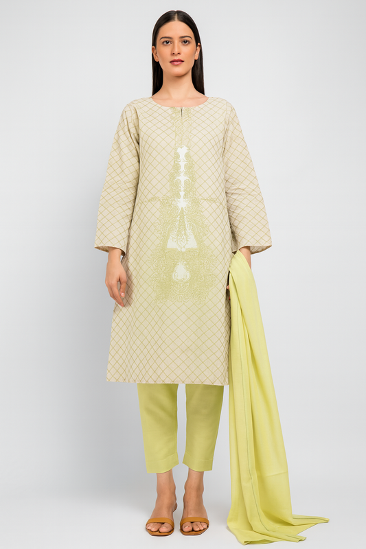 Woman wearing a light green kurta with matching pants and a yellow dupatta on a white background