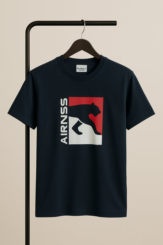 navyt-shirt with a graphic design on a beige background