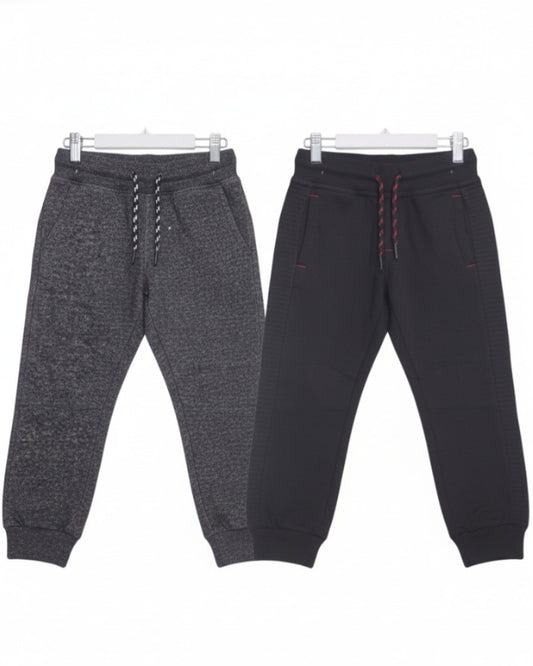 Two pairs of jogger pants, one gray and one black, on a white background.
