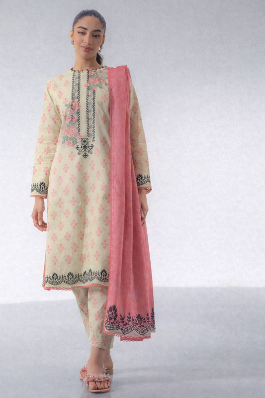 Woman wearing a traditional outfit with a pink dupatta on a white background