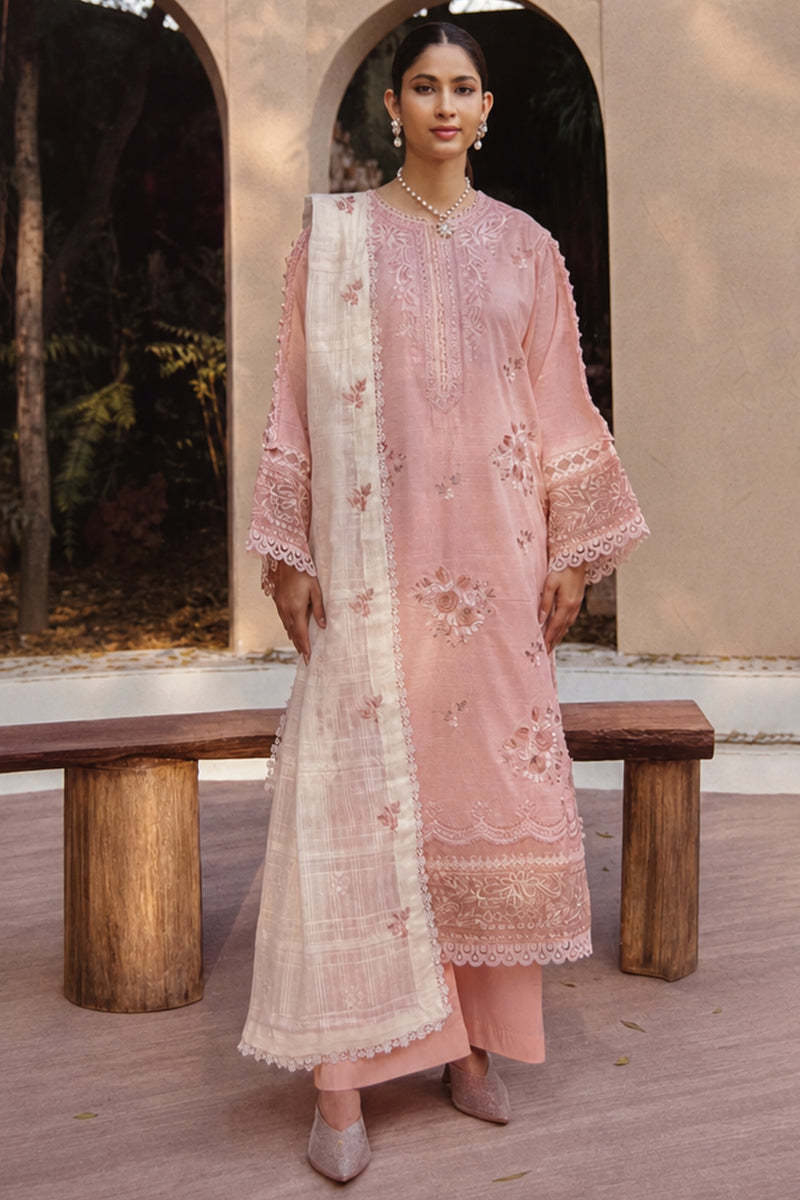Mahrin By Johra - Premium 3PC Unstitched Embroidered Lawn Suit (Pink & White)
