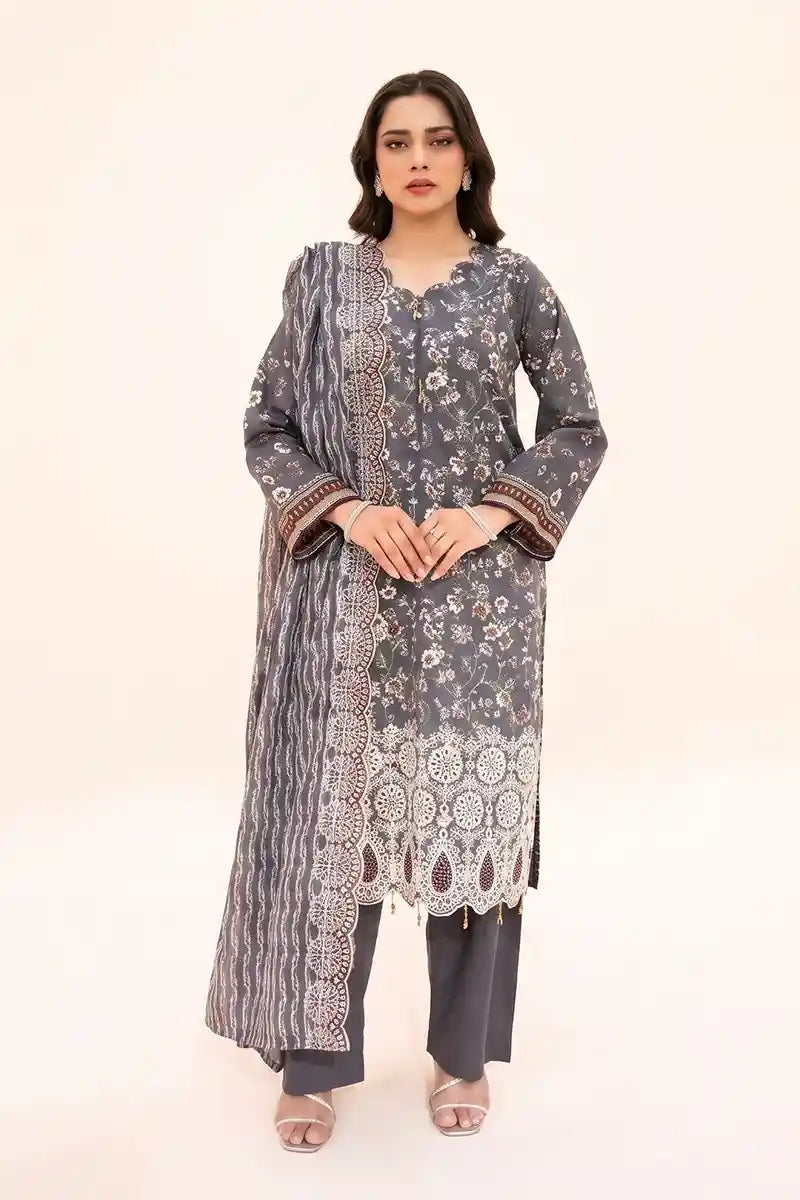 Zesh - 3PC Unstitched Embroidered Lawn Suit (Charcoal Grey)