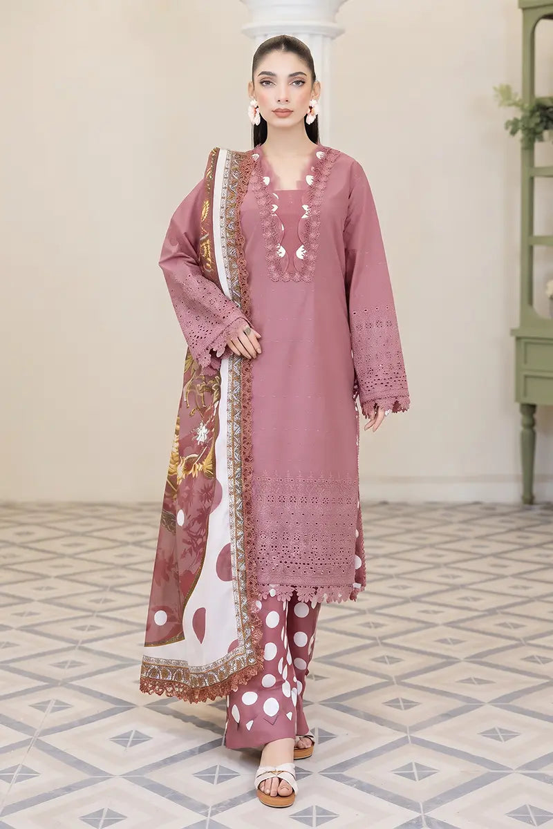 Emerald By Johra - 3 Piece Unstitched Embroidered Chikankari Lawn Suit (Dusty Rose)