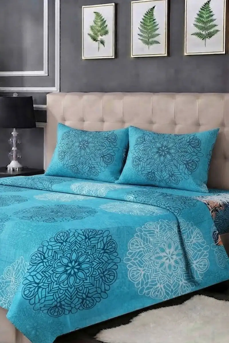 Luxury Double Bed Sheet Set with Pillow Covers by KBC Fashion (Bright Cyan)