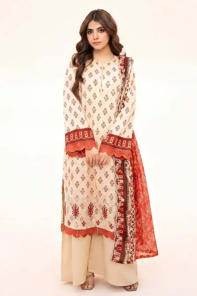Zesh - 3PC Unstitched Embroidered Lawn Suit (Cream)