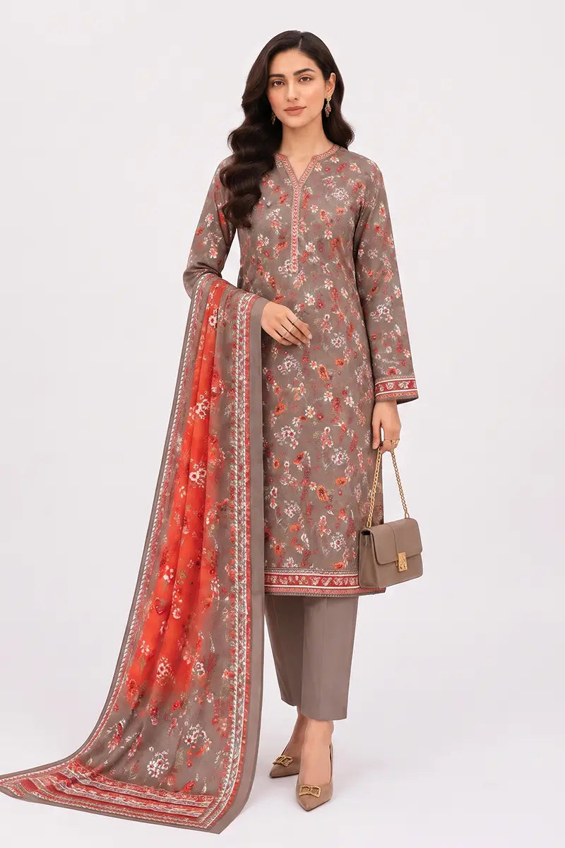 Khaadi Pre-Fall Cambric Series V-6 - 3PC Unstitched Suit (Mushroom Brown)
