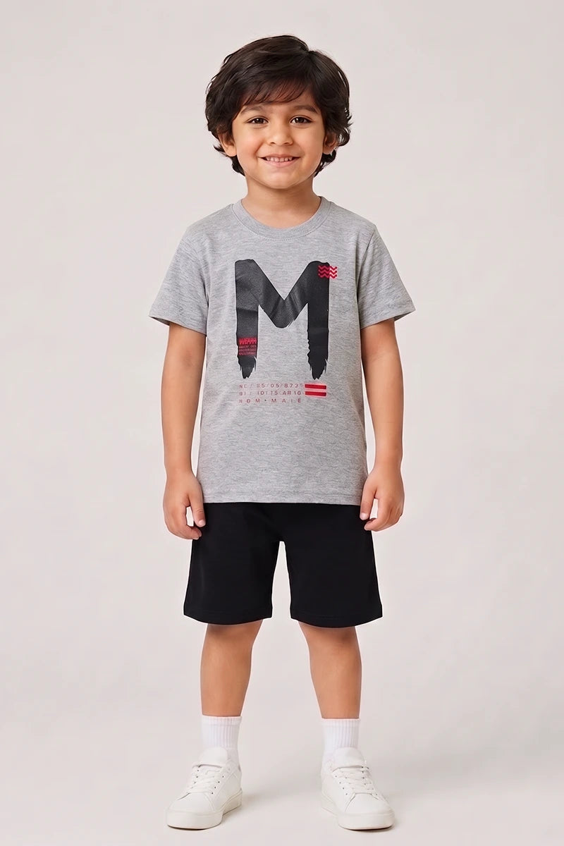Boys T-Shirt & Shorts Set (Heather Grey & Jet Black)