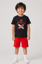 Boys T-Shirt & Shorts Set (Jet Black & Red)
