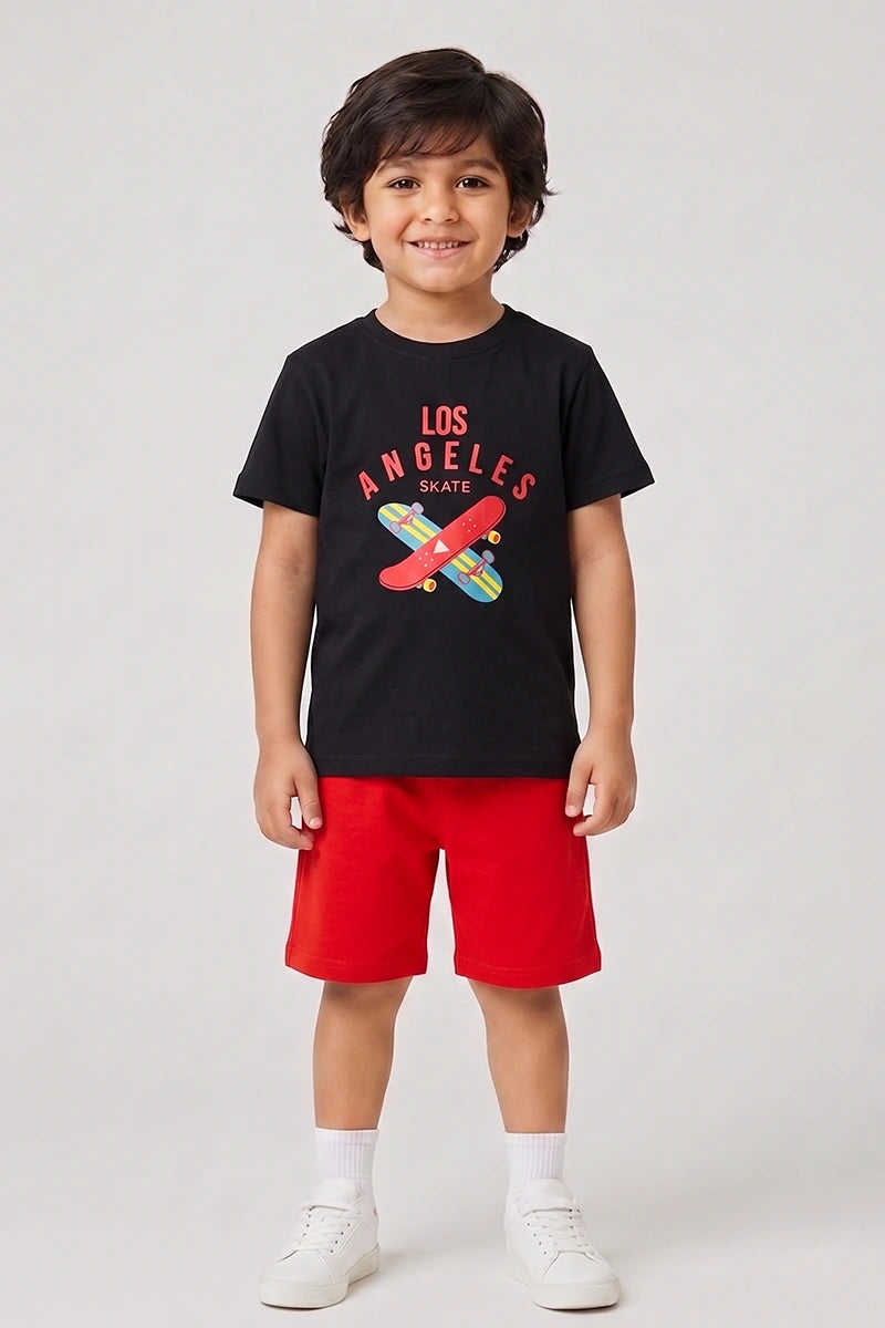 Boys T-Shirt & Shorts Set (Jet Black & Red)