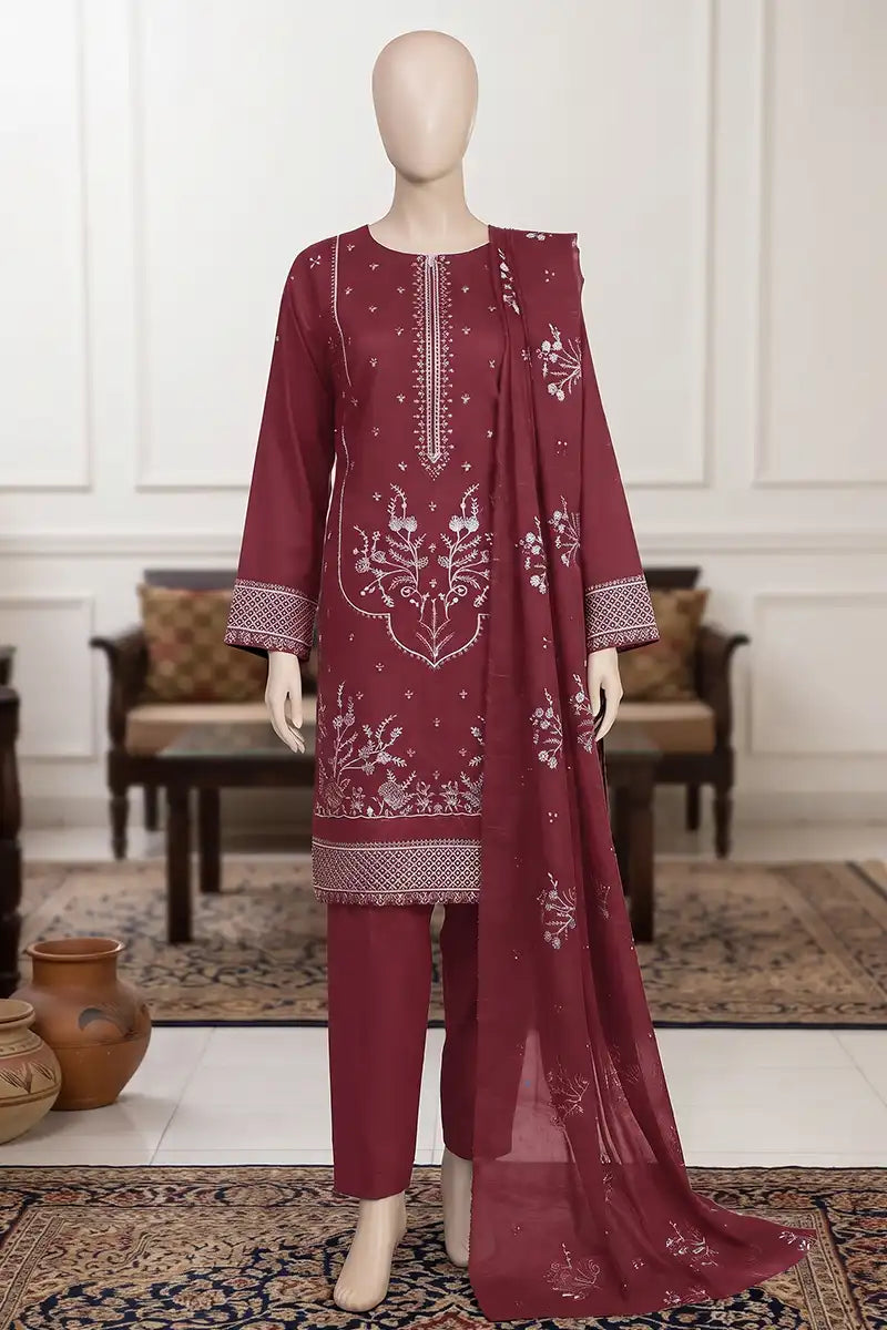 Samra by Breeza Fashion - 3PC Unstitched Embroidered Lawn Suit (Deep Wine)