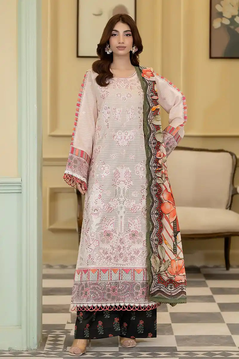 Elvia By Johra - 3PC Unstitched Embroidered Lawn Suit (Blush Pink)