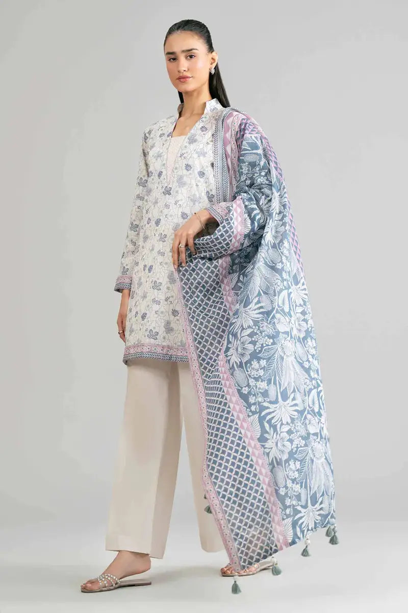 Sapphire Vol.7 - 3PC Unstitched Printed Lawn Suit (Off-White & Steel Blue)