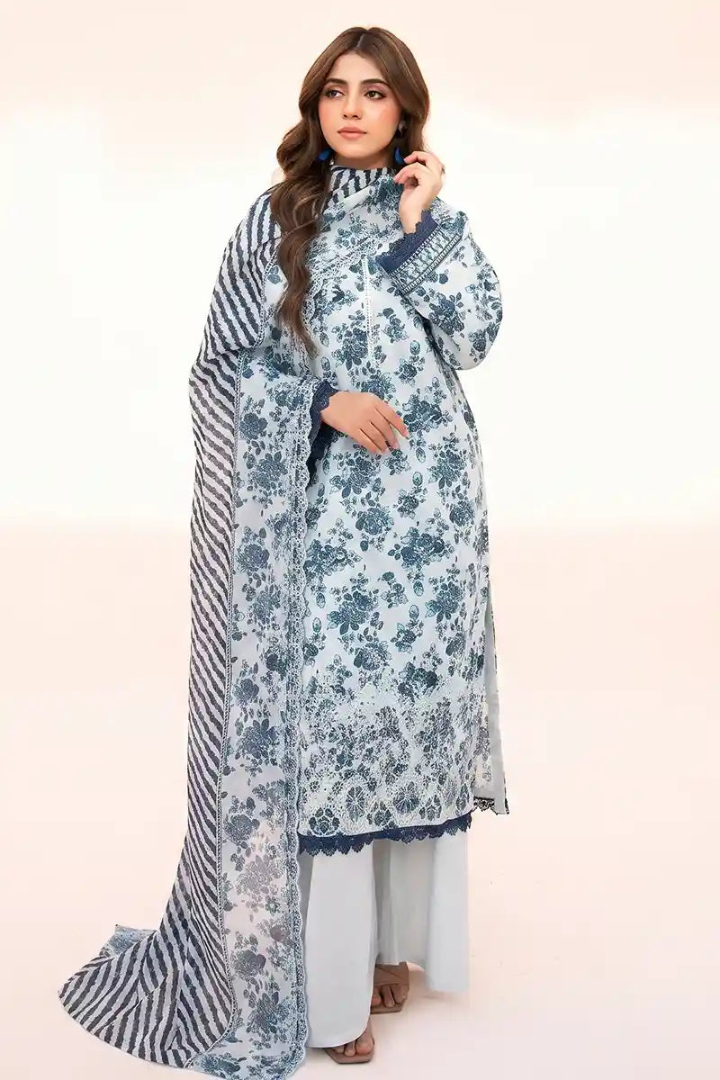 Zesh - 3PC Unstitched Embroidered Lawn Suit (Light Ice Blue)