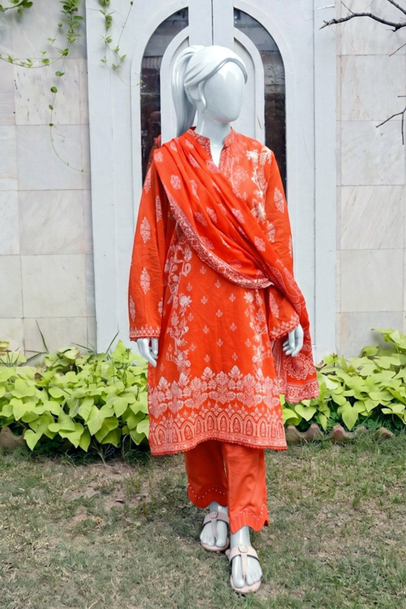 Aryana By KBC Fashion - 3PC Unstitched Printed Lawn Suit (Orange)