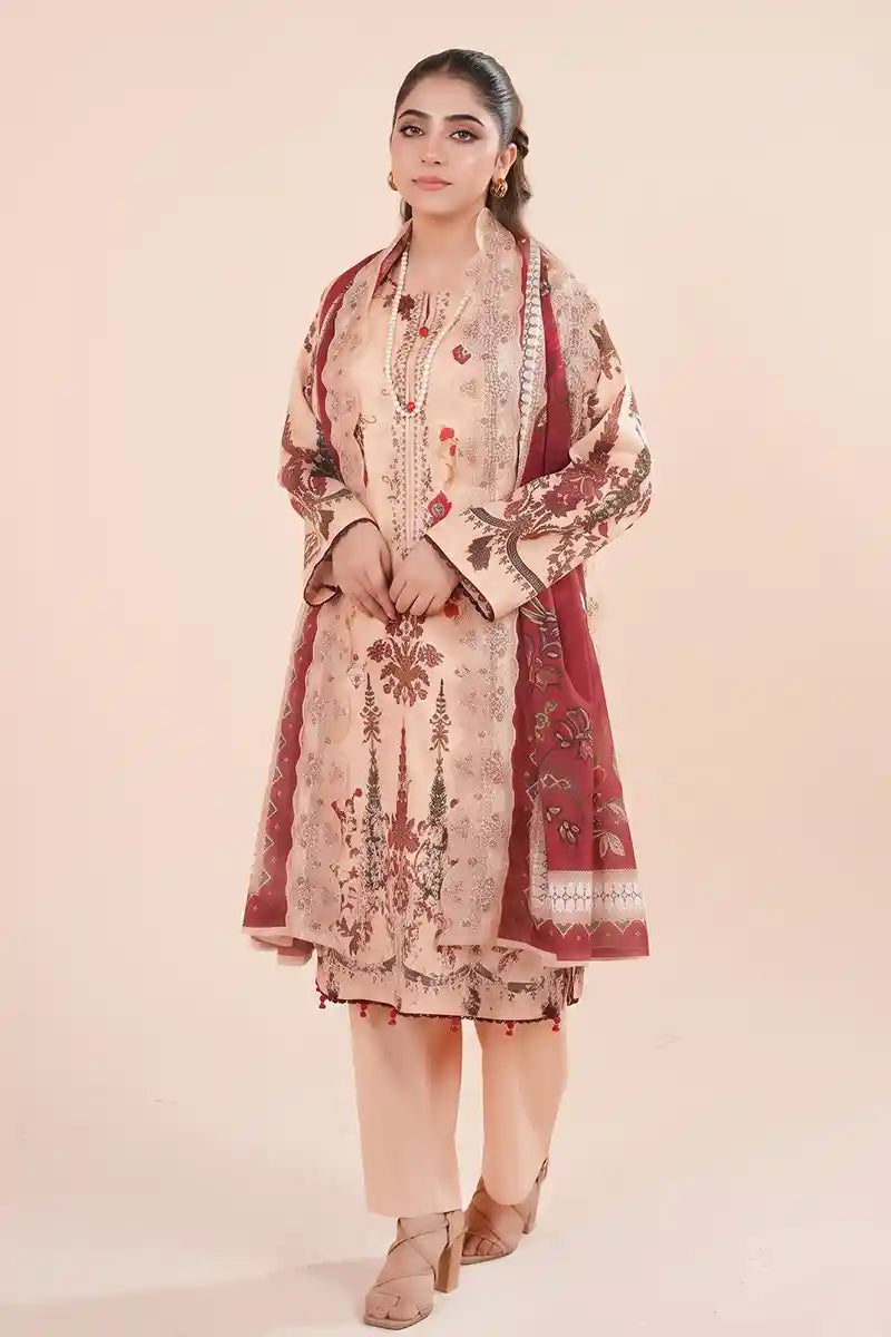 Zesh - 3PC Unstitched Embroidered Lawn Suit (Deep Maroon & Dusty Peach)