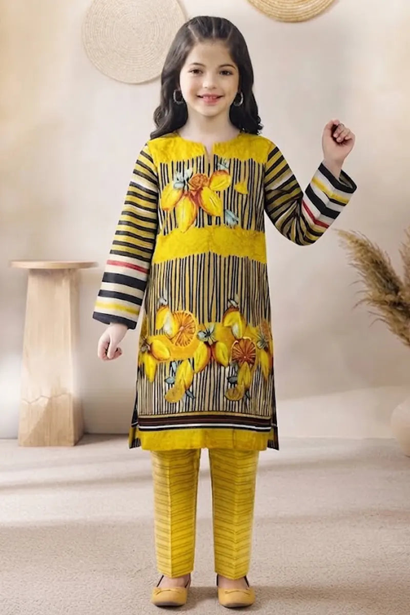 Ting Tone by Almeerah - Girls Unstitched 2-Piece Suit (Lemon Yellow)