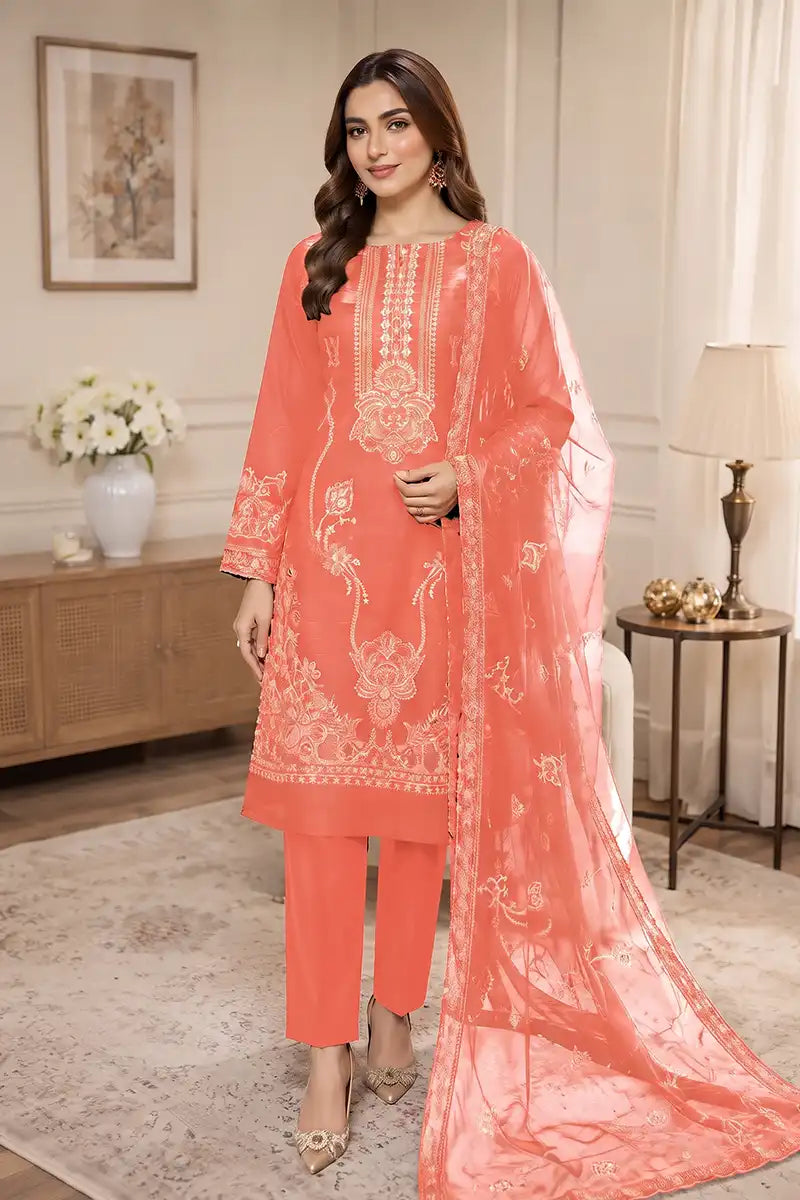 Sawan by Breeza Fashion - 3PC Unstitched Embroidered Lawn Suit (Peach Pink)