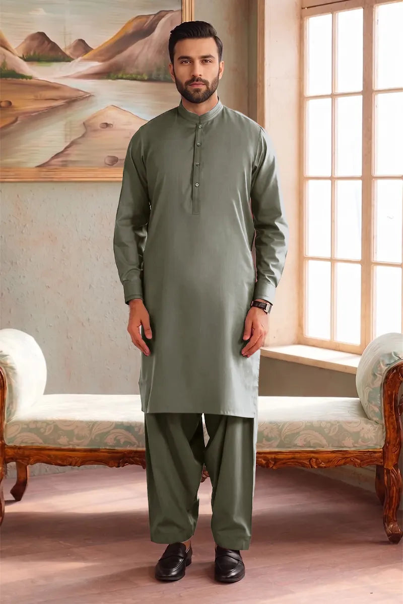 Men’s Wash & Wear Unstitched Fabric By KBC Fashion (Muted Olive Green)