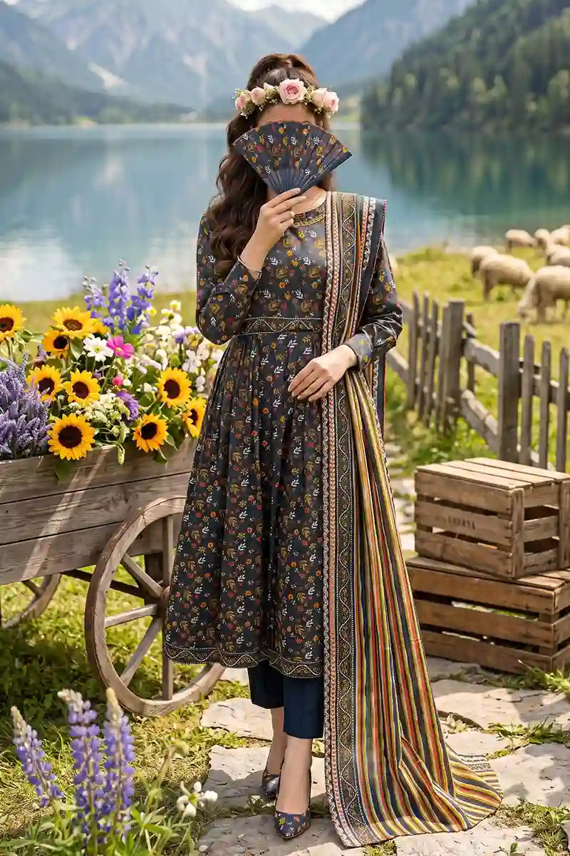 Almeerah - Nelofir Bloom 3PC Unstitched Printed Lawn Suit (Steel Horizon)