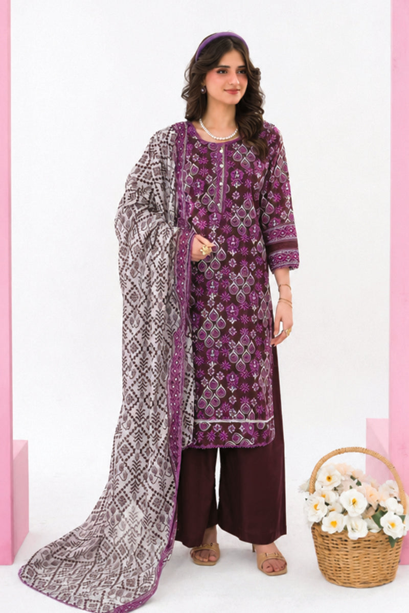 Zesh - Drop Fourteen Printed Series 3PC Unstitched Lawn Suit (Purple/White & Maroon)