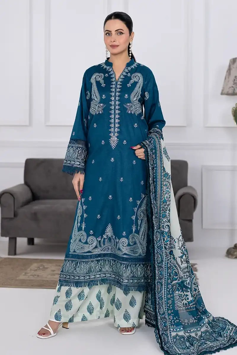 Muswa By Johra - 3PC Unstitched Embroidered Lawn Suit (Deep Teal Blue)