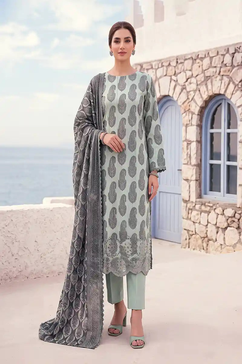 Zesh - 3PC Unstitched Embroidered Lawn Suit (Sage Green & Charcoal Grey)