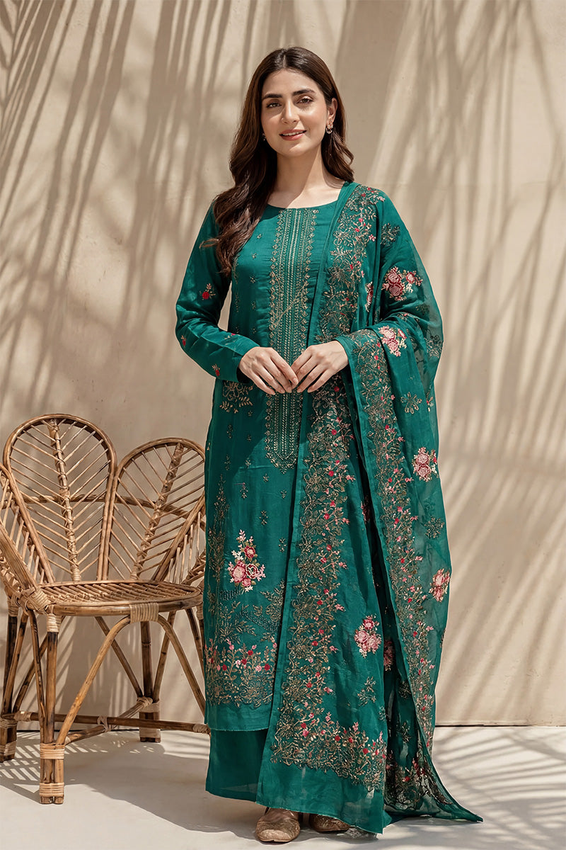 Millat - 3PC Unstitched Embroidered Lawn Suit (Teal Green)