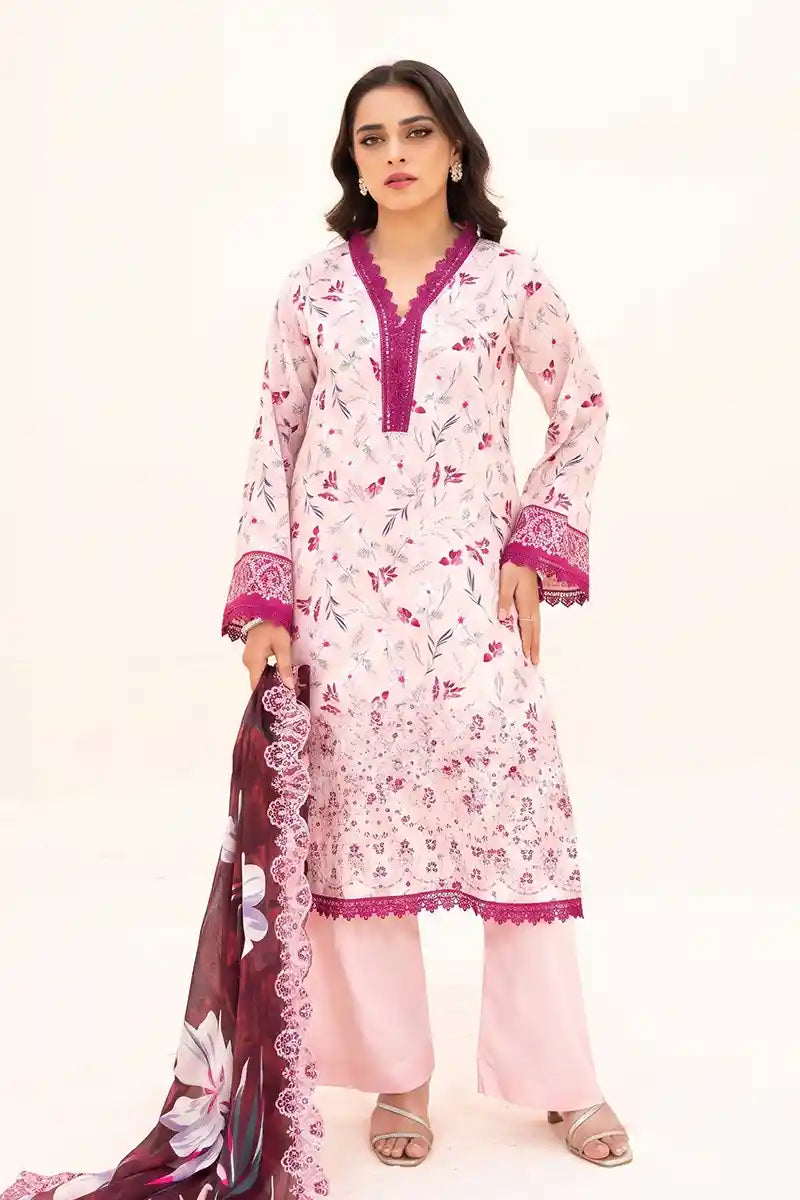 Zesh - 3PC Unstitched Embroidered Lawn Suit (Light Rose & Deep Plum)