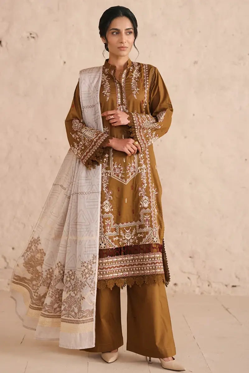 Vasal By Johra - 3PC Unstitched Embroidered Lawn Suit (Olive Brown)