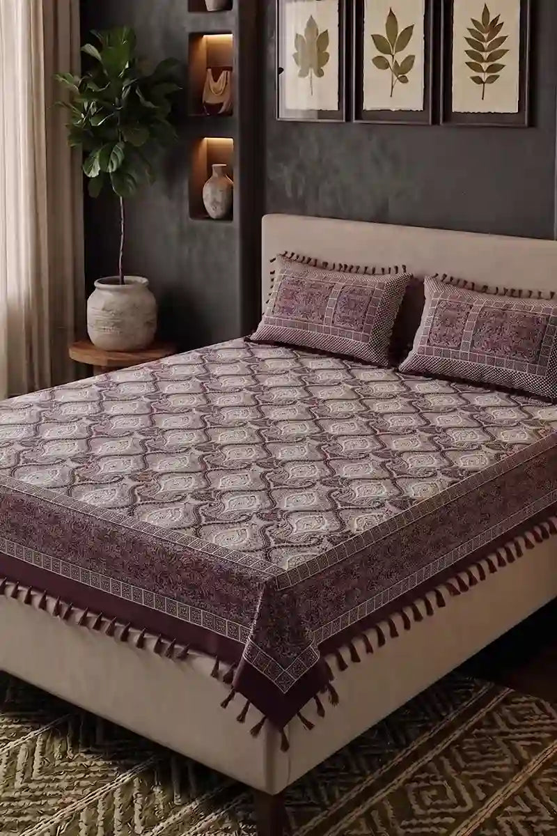 KBCFashion - Premium Multani Double Bed Sheet Set with Zari Work (Deep Mauve)