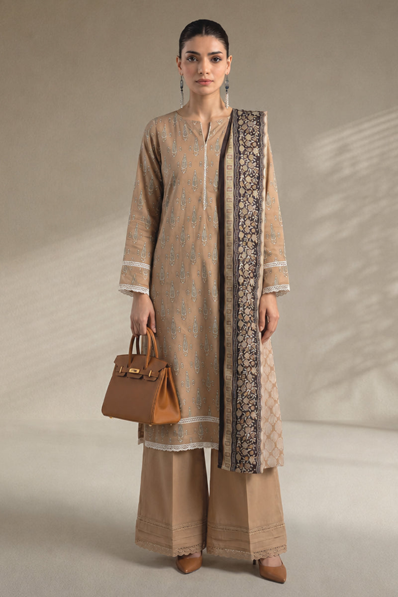 Khaadi – 3 Piece Unstiched Premium Printed Lawn Suit (Light Tan)